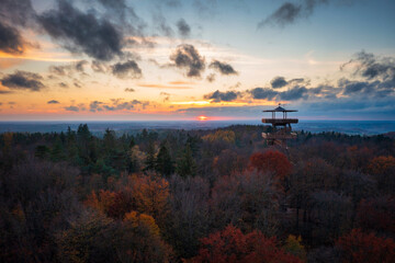 Beautiful landscape of Kashubia in autumn with the observation tower in Wiezyca, Poland - obrazy, fototapety, plakaty