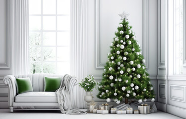 Green Christmas tree with decor near white sofa on white modern design room with large window