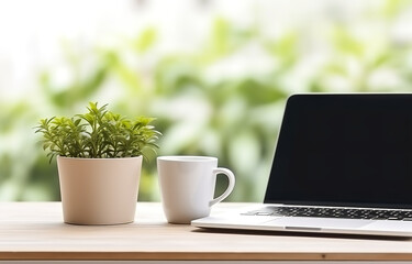 Laptop profile view, cup black coffee, plant herb, on white wooden table
