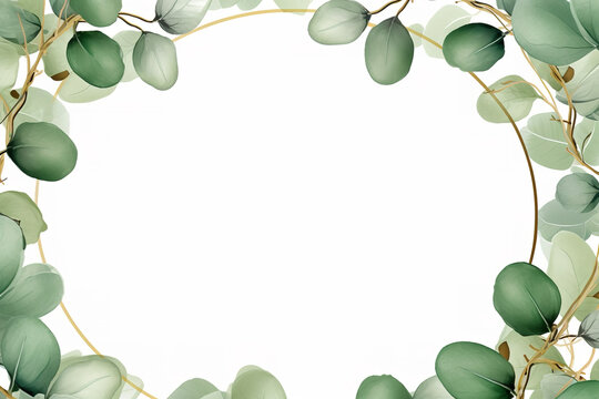 Green eucalyptus leaves herb on golden round line frame watercolor paint on white background