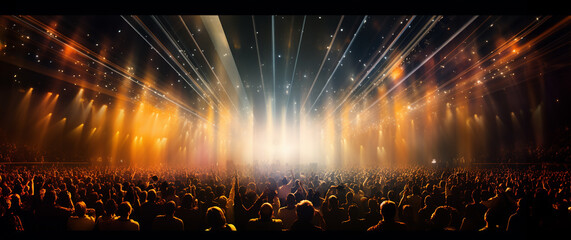 Huge dance floor in a big hall in the nightclub. Colored dim glowing lights from the stage. Crowd of thousands of young people standing in awe, having fun. Generative AI