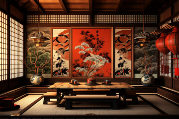 Japanese style room decoration architecture for a family room - obrazy, fototapety, plakaty