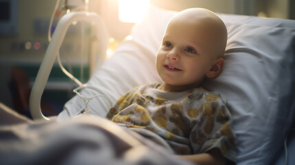 Boy with cancer in a hospital bed smiles, AI generado.