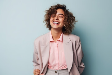 Medium shot portrait photography of a pleased woman in her 20s that is wearing random clothes