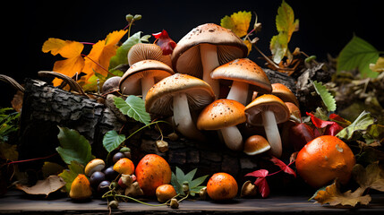 A rich display of various mushrooms flourishing amid fallen leaves, symbolizing the beauty of fall...