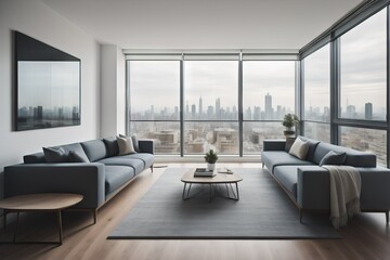 Minimalist apartment with city view. Interior design of modern living room