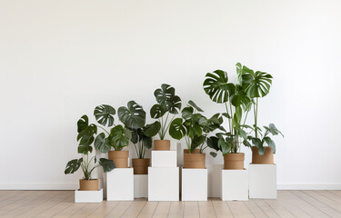 Pile of big cardboard boxes and monstera plant in white pot on white wooden floor in white empty room