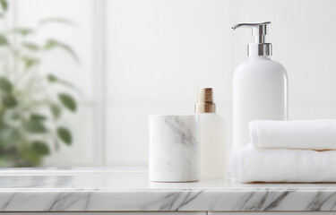 Fototapeta na wymiar Soap and shampoo on white marble sink on white bathroom background
