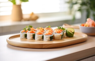 Sushi on wooden round plate on white wooden table on light kitchen background