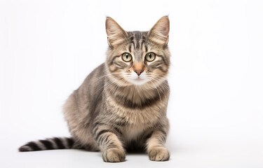 Tabby cat lying in beige pet bed on white background