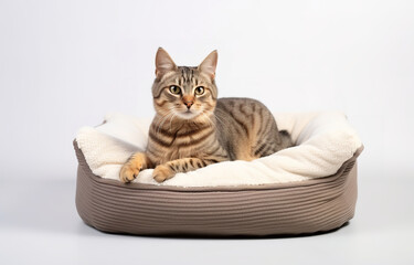 Tabby cat lying in beige pet bed on white background
