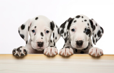 Two Dalmatian puppies on white background - obrazy, fototapety, plakaty