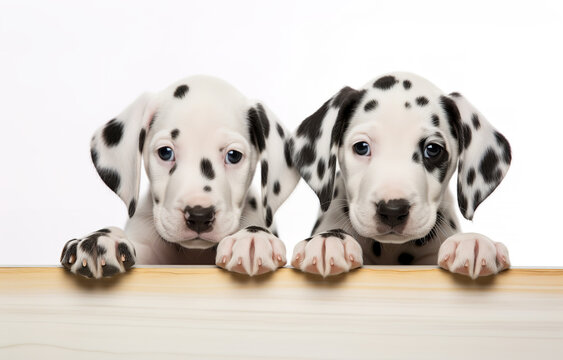 Two Dalmatian puppies on white background