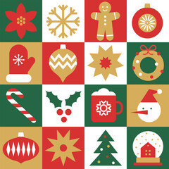 Christmas geometric seamless pattern with holiday icons elements  for wrapping paper, background, wallpaper. Trendy modern contemporary abstract print. Red, green, gold colors.