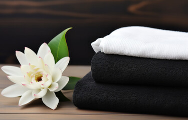 Water lilly on white towels, black spa stones, on light wooden background