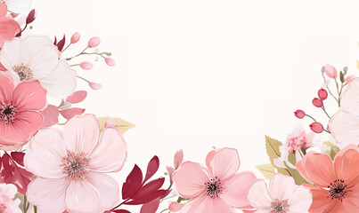 Fototapeta na wymiar Watercolor Pink White Flowers, Flat White Background with Copy Space, Vector Style