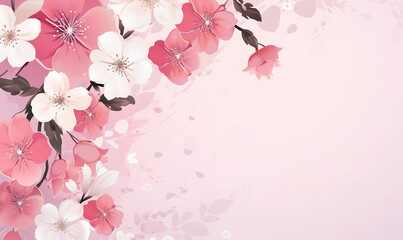Watercolor Pink White Flowers, Flat White Background with Copy Space, Vector Style