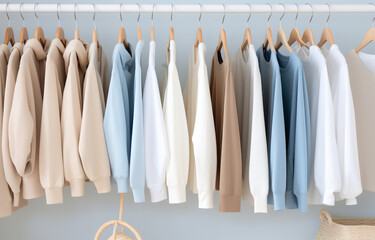 White, beige and blue clothes lay on shelves and hang on wooden hangers in a large white wooden closet
