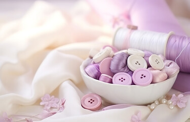 White, beige, lilac threads, buttons, needles, fabric on white wooden table soft light