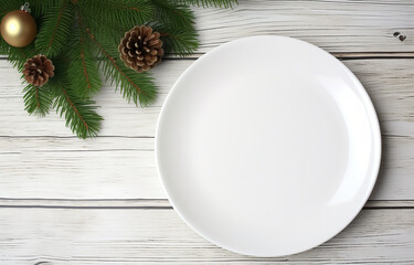 Obraz na płótnie Canvas White plate with Christmas decor on white wooden table