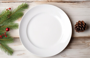 White plate with Christmas decor on white wooden table