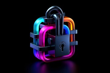 Abstract colorful neon padlock on black background