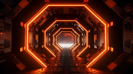 Orange neon light octagon futuristic tunnel with light reflections