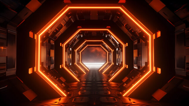 Fototapeta Orange neon light octagon futuristic tunnel with light reflections