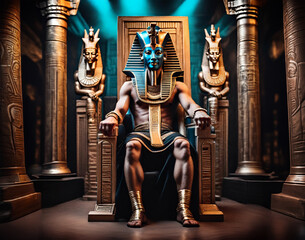 Ancient Pharaoh ruling Egypt from his golden throne - Digital art - obrazy, fototapety, plakaty