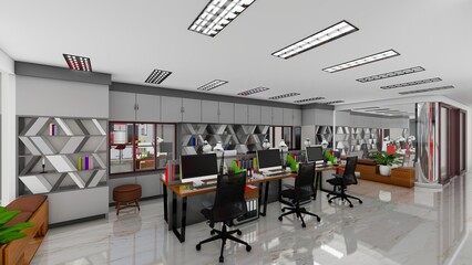 Comfortable workspace interior with armchair and pc computer. Panoramic windows. 3D Rendering