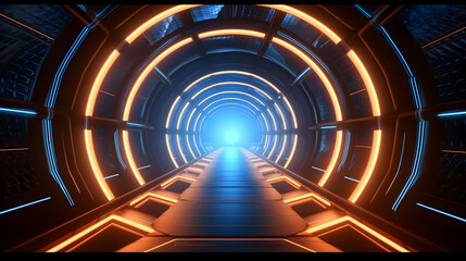 Blue and orange round octagon neon light tunnel, futuristic design modern vibrant color light, fantasy cyber scene 