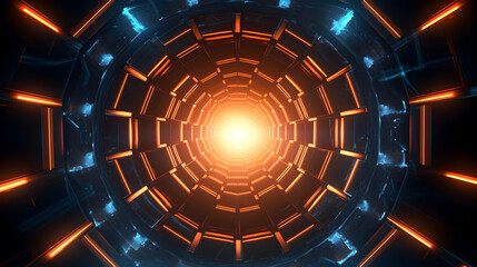 Blue and orange round octagon neon light tunnel, futuristic design modern vibrant color light, fantasy cyber scene 