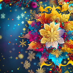Obraz premium New Year, Christmas fantastic background with golden balls, snowflakes and birds