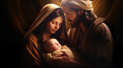 Holy family in divine light holds little newly born Jesus in arms in barn. Happy Holy Mary with Joseph holds born Jesus in arms in divine light in barn. Happy news about birth of Jesus in divine light