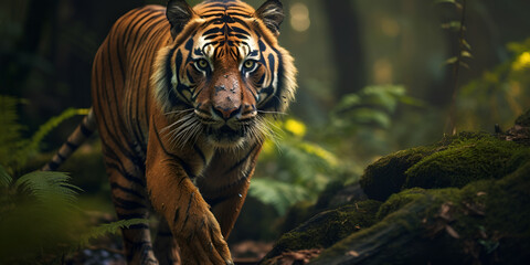  A tiger walks in the jungle. Wild animals. in the national forest A Tiger's Prowl Through the Wonders of the Wild   generative AI