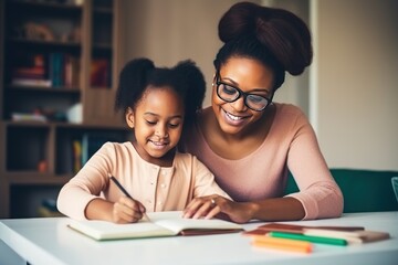 Mom helps her daughter do homework sitting at table writing in notebook right answer. Girl asks mother to help with homework at table with laptop.