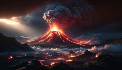 Intense moment of a volcano erupting in Iceland. Featuring vibrant lava flows against a dark, stormy sky, the scene highlights the raw power of nature. - obrazy, fototapety, plakaty