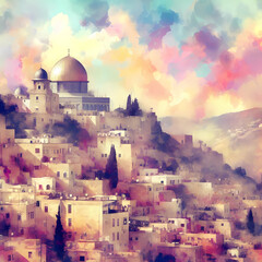 a watercolor illustration of Jerusalem’s Dome of the Rock, colorful and artistic painting of Jerusalem’s holy landmarks, historical and religious view of Jerusalem’s ancient city