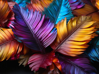 Creative fluorescent color layout made of tropical leaves. Flat lay neon colors. Nature concept