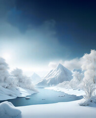 A nature podium landscape(wallpaper) image with a blue sky, a river flowing in the middle, and snow-covered white mountains and trees.