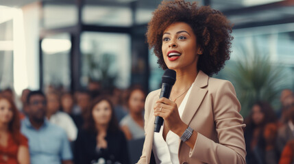 Black afro American businesswoman delivering a powerful keynote address at a conference standing on stage with confidence addressing a diverse audience with her insights in the business world - obrazy, fototapety, plakaty