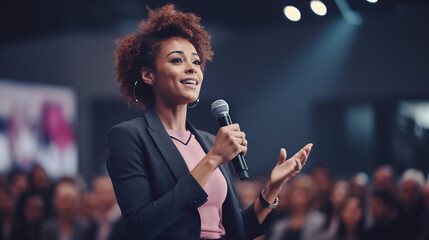 Black afro American businesswoman delivering a powerful keynote address at a conference standing on stage with confidence addressing a diverse audience with her insights in the business world - Powered by Adobe