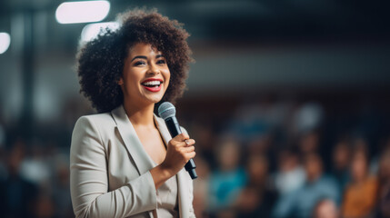 Black afro American businesswoman delivering a powerful keynote address at a conference standing on stage with confidence addressing a diverse audience with her insights in the business world - obrazy, fototapety, plakaty