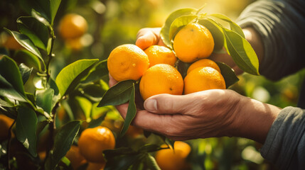 Close-up of old farmer man hands picking orange fruits. Organic food, harvesting and farming...