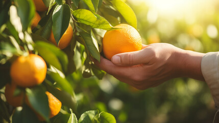 Close-up of old farmer man hands picking orange fruits. Organic food, harvesting and farming concept image
