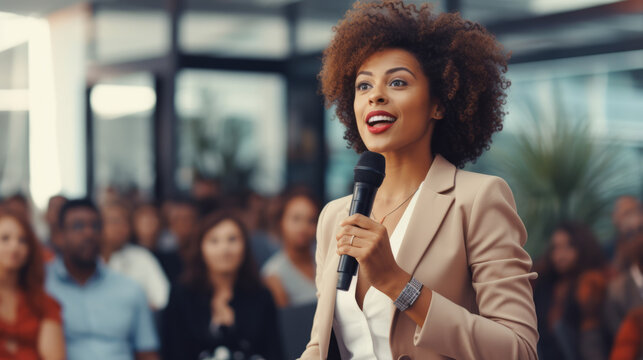 Black Afro American Businesswoman Delivering A Powerful Keynote Address At A Conference Standing On Stage With Confidence Addressing A Diverse Audience With Her Insights In The Business World