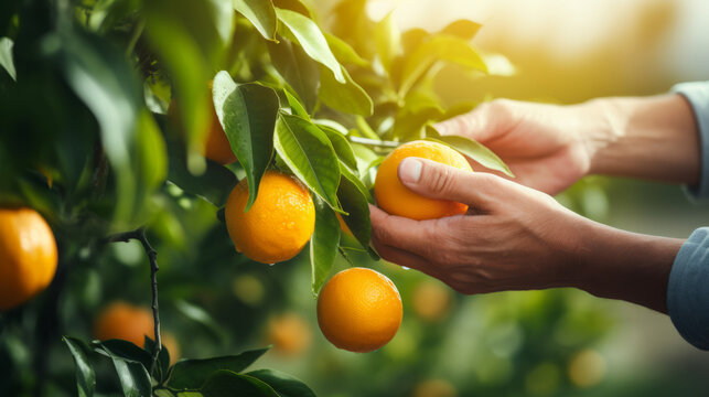 Close-up of old farmer man hands picking orange fruits. Organic food, harvesting and farming concept image