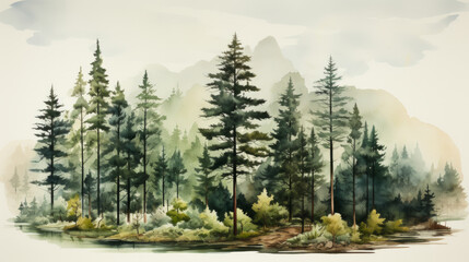 Illustration of sequoia tree forest background - obrazy, fototapety, plakaty