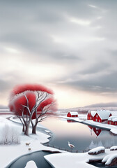 Acalm snowy rural village landscape photo with a bright white / gray sky and clouds, red houses and river.