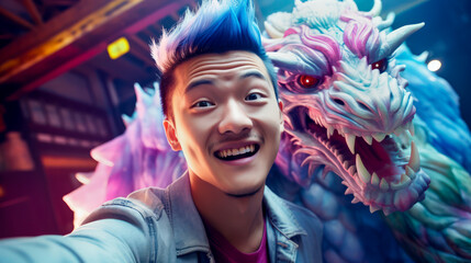 Selfie of Chinese smiling man with dragon at a festival. Symbol 2024. Psychology of relationships.